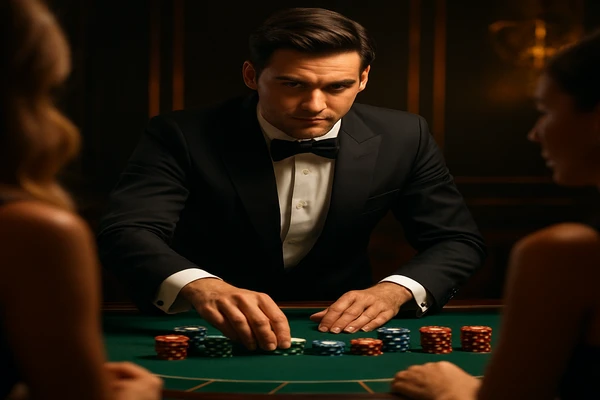 একজন নারী ল্যাপটপে অনলাইন খেলা উপভোগ করছেন; চারপাশ জ্বলন্ত ক্যাসিনো পরিবেশে ঘেরা