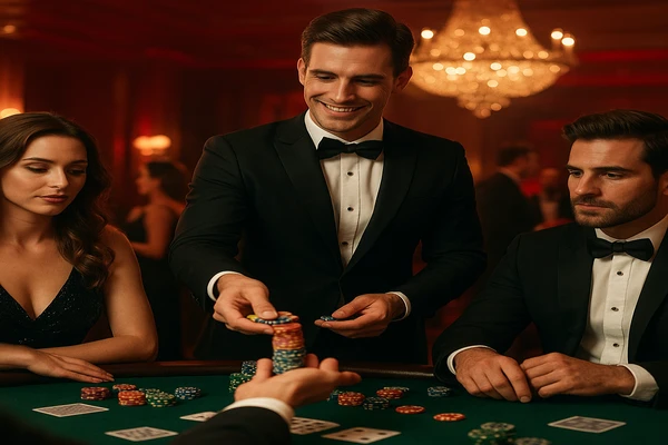 আলো ঝলমলে গেমিং পরিবেশে একজন আত্মবিশ্বাসী ডিলার ব্যবহারকারীদের bb33 অ্যাকাউন্টে নিরাপদে প্রবেশের আহ্বান জানাচ্ছেন।